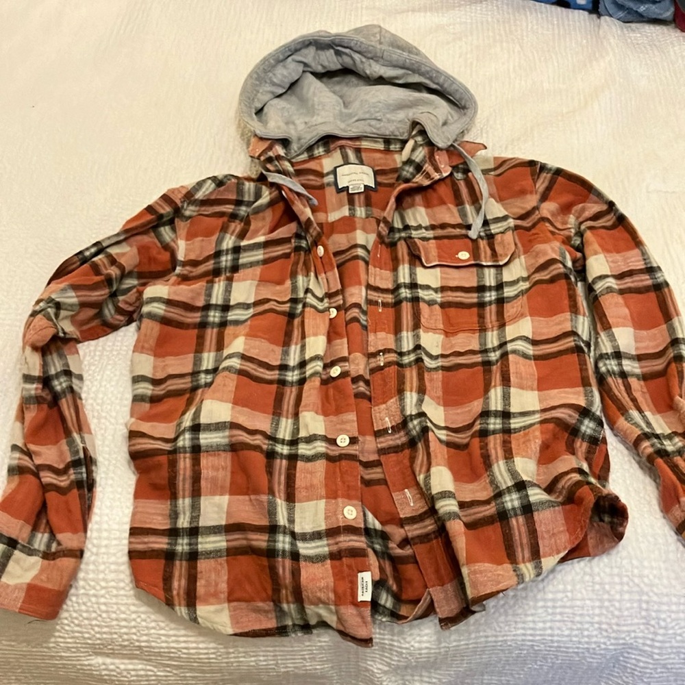 Plaid Hooded Shirt in Orange and Gray
